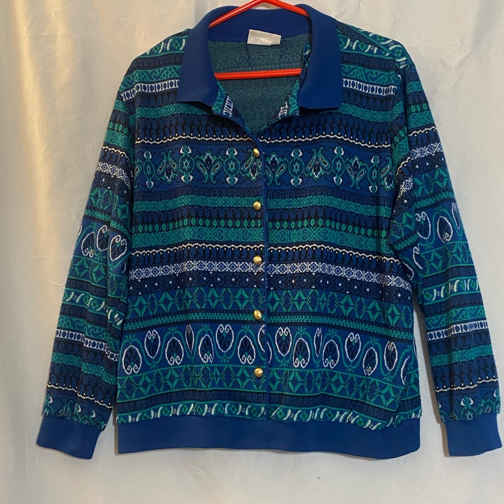 Vintage Alfred Dunner Patterned Cardigan Womens Sweater teal geometric 2xl